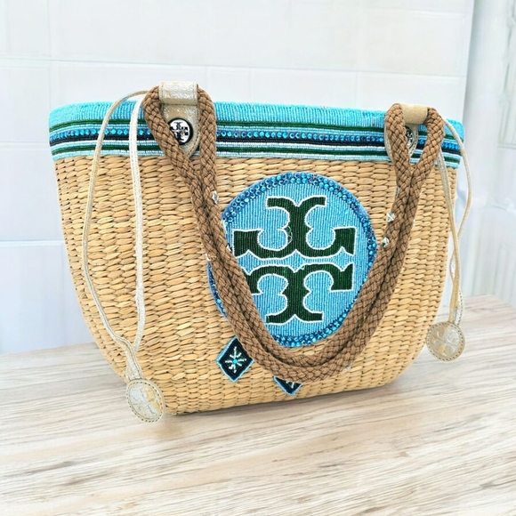 🆕 Tory Burch Special Edition Ella Straw Tote Beaded Logo Lining & Drawstring - Picture 11 of 17